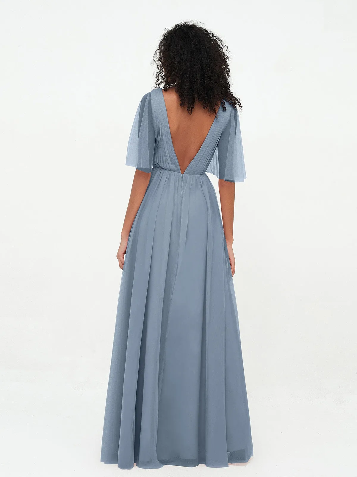 A-ligne Col en V Robes Maxi en Tulle avec Dos en V Profond Bleu Poudré