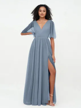 A-ligne Col en V Robes Maxi en Tulle avec Dos en V Profond Bleu Poudré