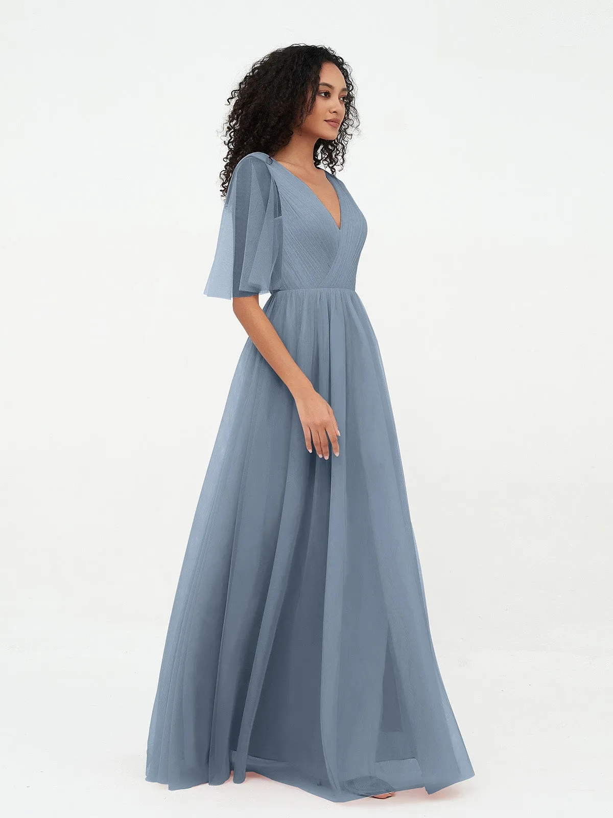 A-ligne Col en V Robes Maxi en Tulle avec Dos en V Profond Bleu Poudré