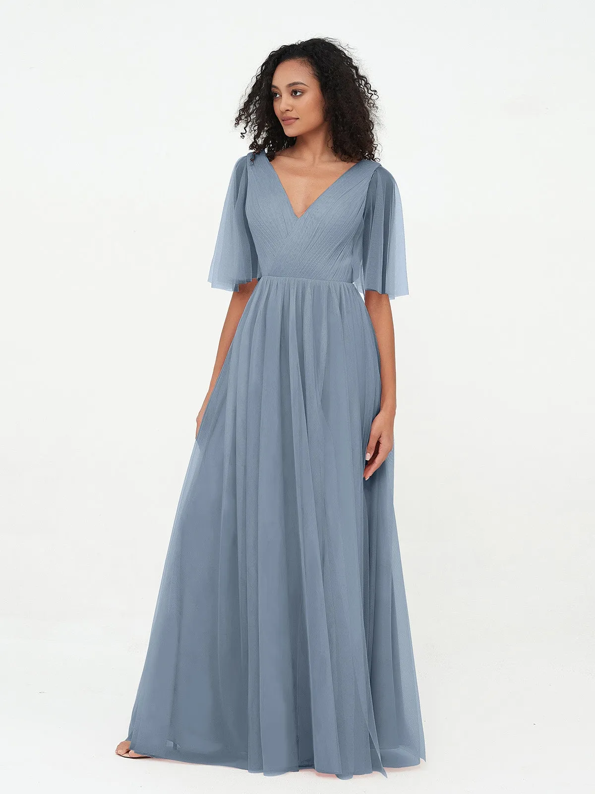 A-ligne Col en V Robes Maxi en Tulle avec Dos en V Profond Bleu Poudré