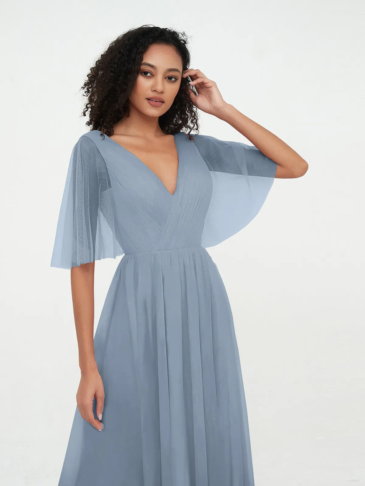 A-ligne Col en V Robes Maxi en Tulle avec Dos en V Profond Bleu Poudré