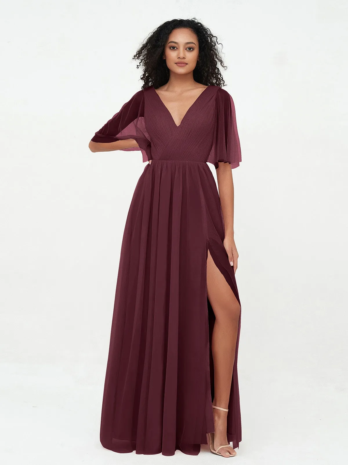 A-ligne Col en V Robes Maxi en Tulle avec Dos en V Profond Cabernet