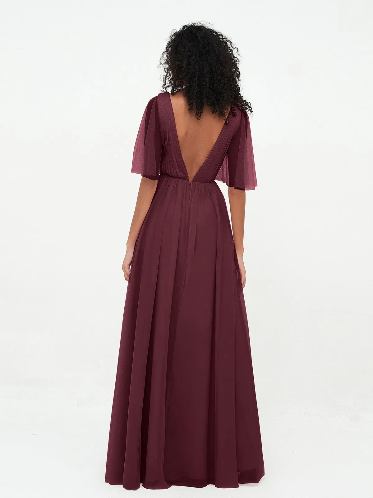 A-ligne Col en V Robes Maxi en Tulle avec Dos en V Profond Cabernet