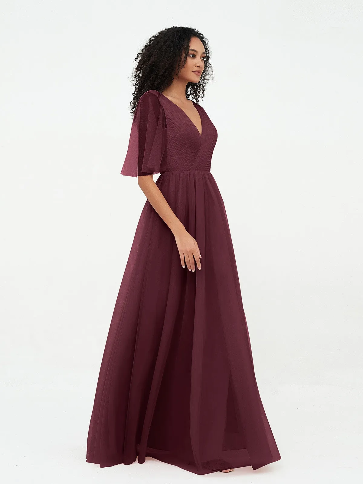 A-ligne Col en V Robes Maxi en Tulle avec Dos en V Profond Cabernet