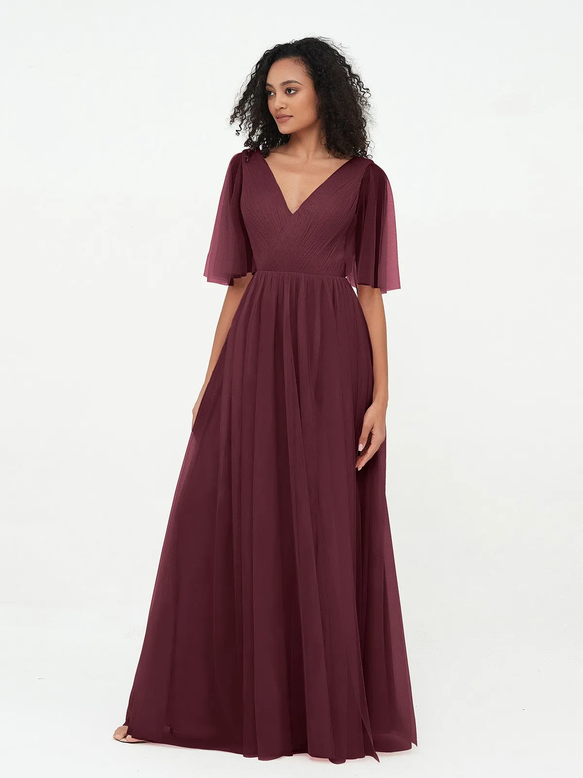 A-ligne Col en V Robes Maxi en Tulle avec Dos en V Profond Cabernet