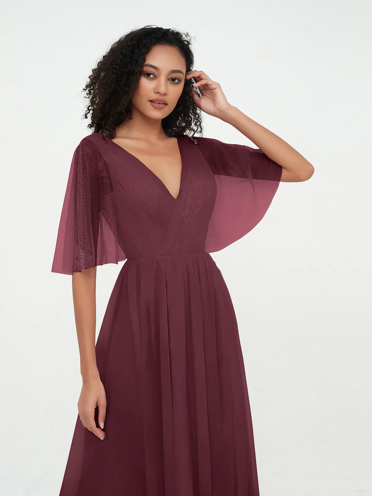 A-ligne Col en V Robes Maxi en Tulle avec Dos en V Profond Cabernet