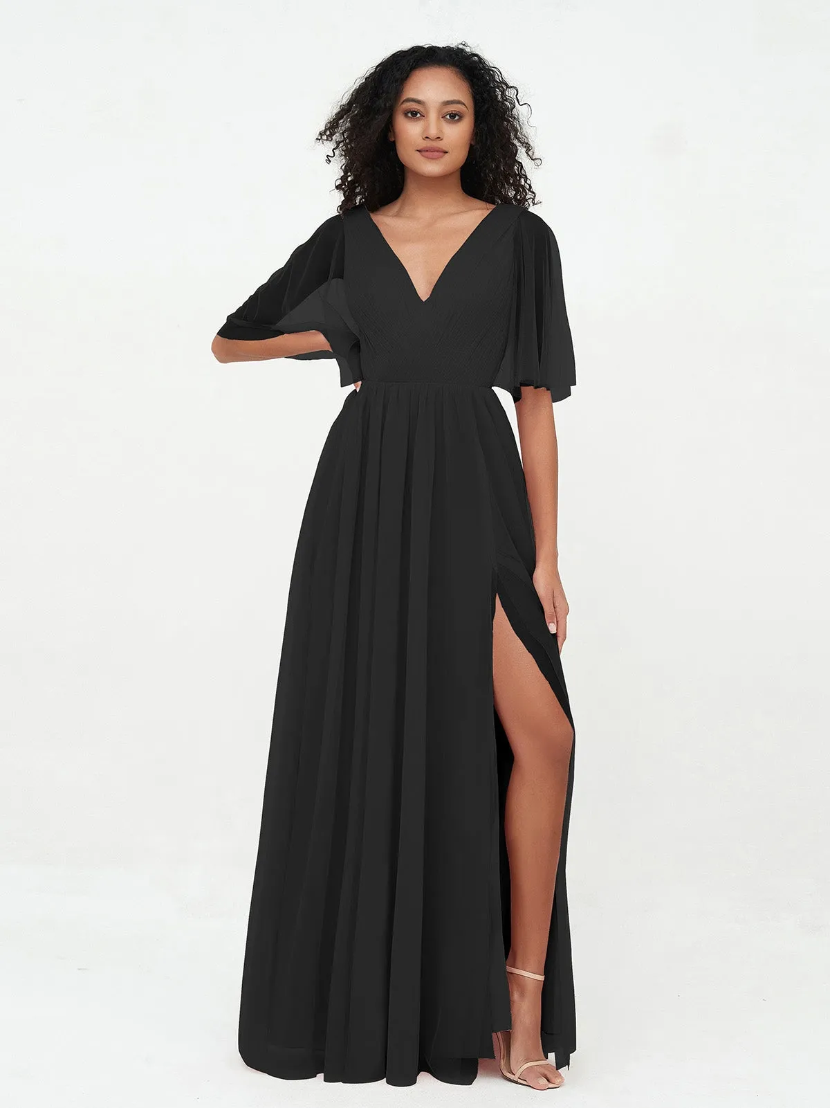 A-ligne Col en V Robes Maxi en Tulle avec Dos en V Profond Noir