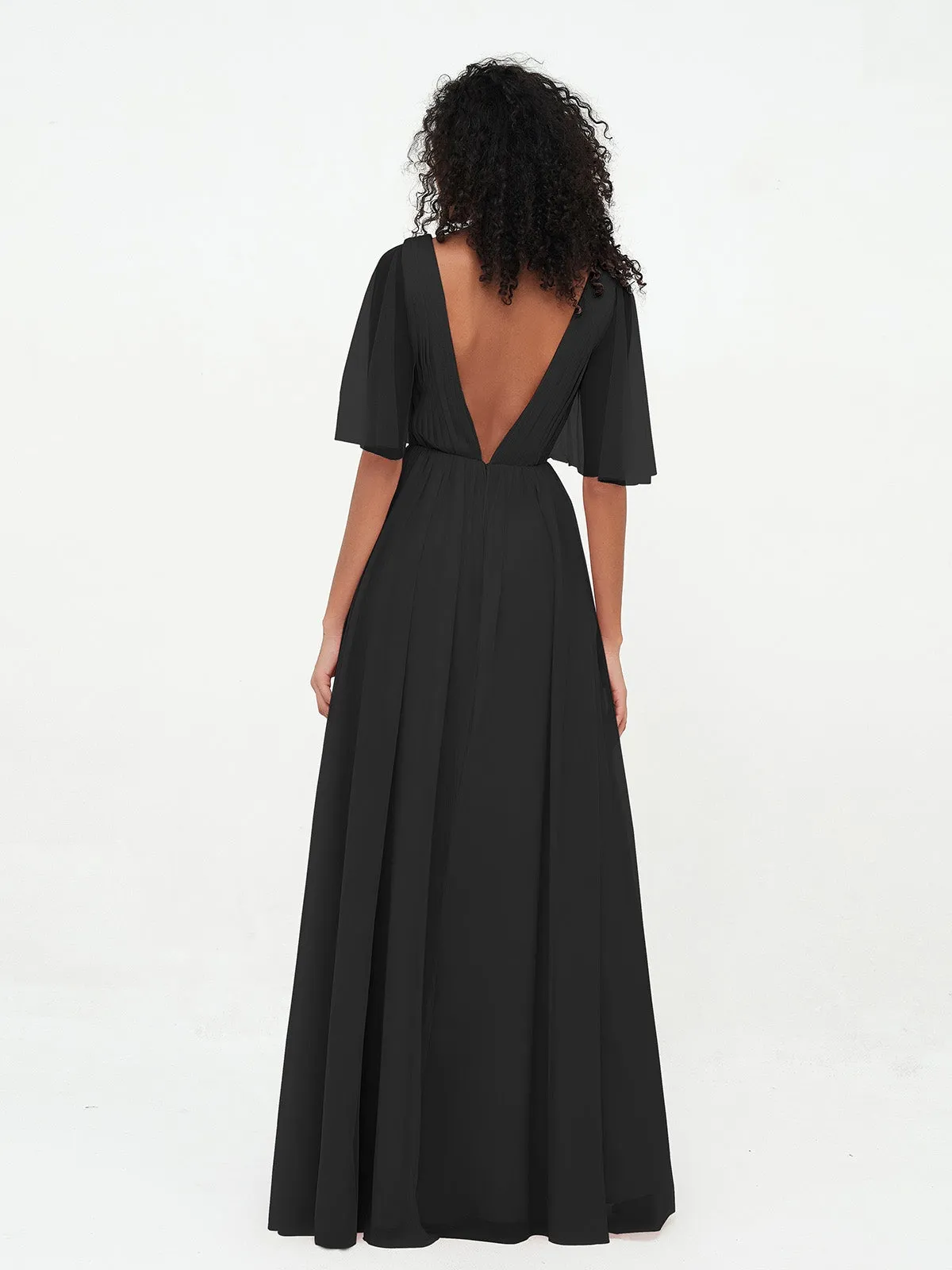 A-ligne Col en V Robes Maxi en Tulle avec Dos en V Profond Noir