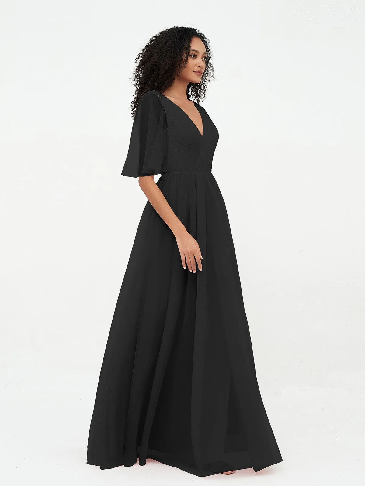 A-ligne Col en V Robes Maxi en Tulle avec Dos en V Profond Noir