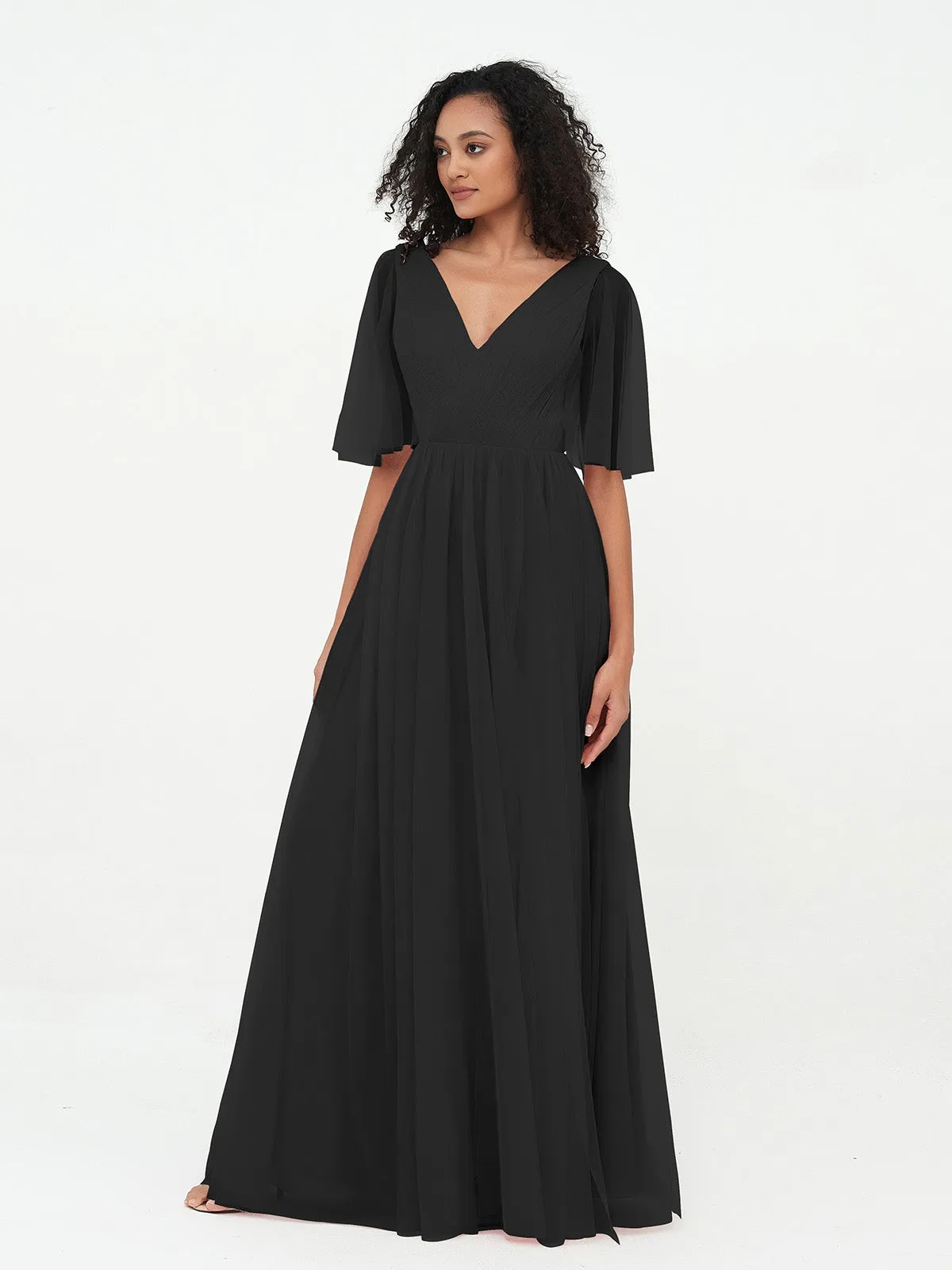 A-ligne Col en V Robes Maxi en Tulle avec Dos en V Profond Noir