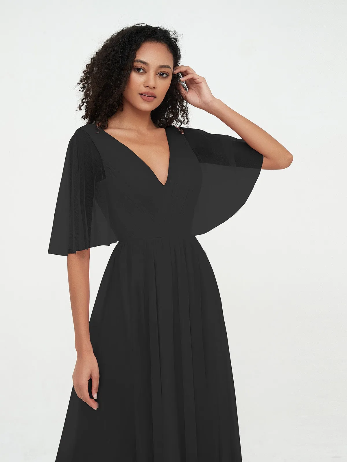 A-ligne Col en V Robes Maxi en Tulle avec Dos en V Profond Noir