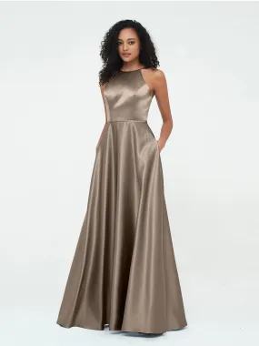 A-ligne Robes Maxi à Licou en Satin avec Poches Taupe