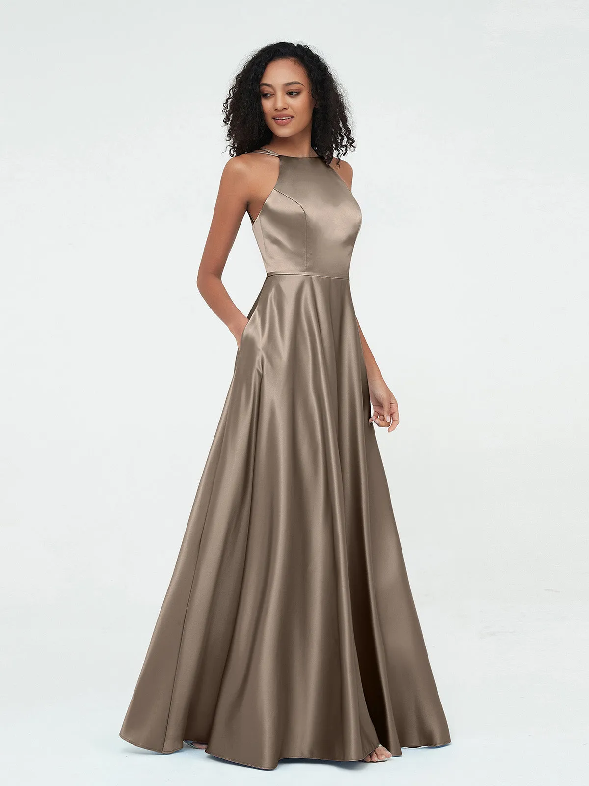 A-ligne Robes Maxi à Licou en Satin avec Poches Taupe