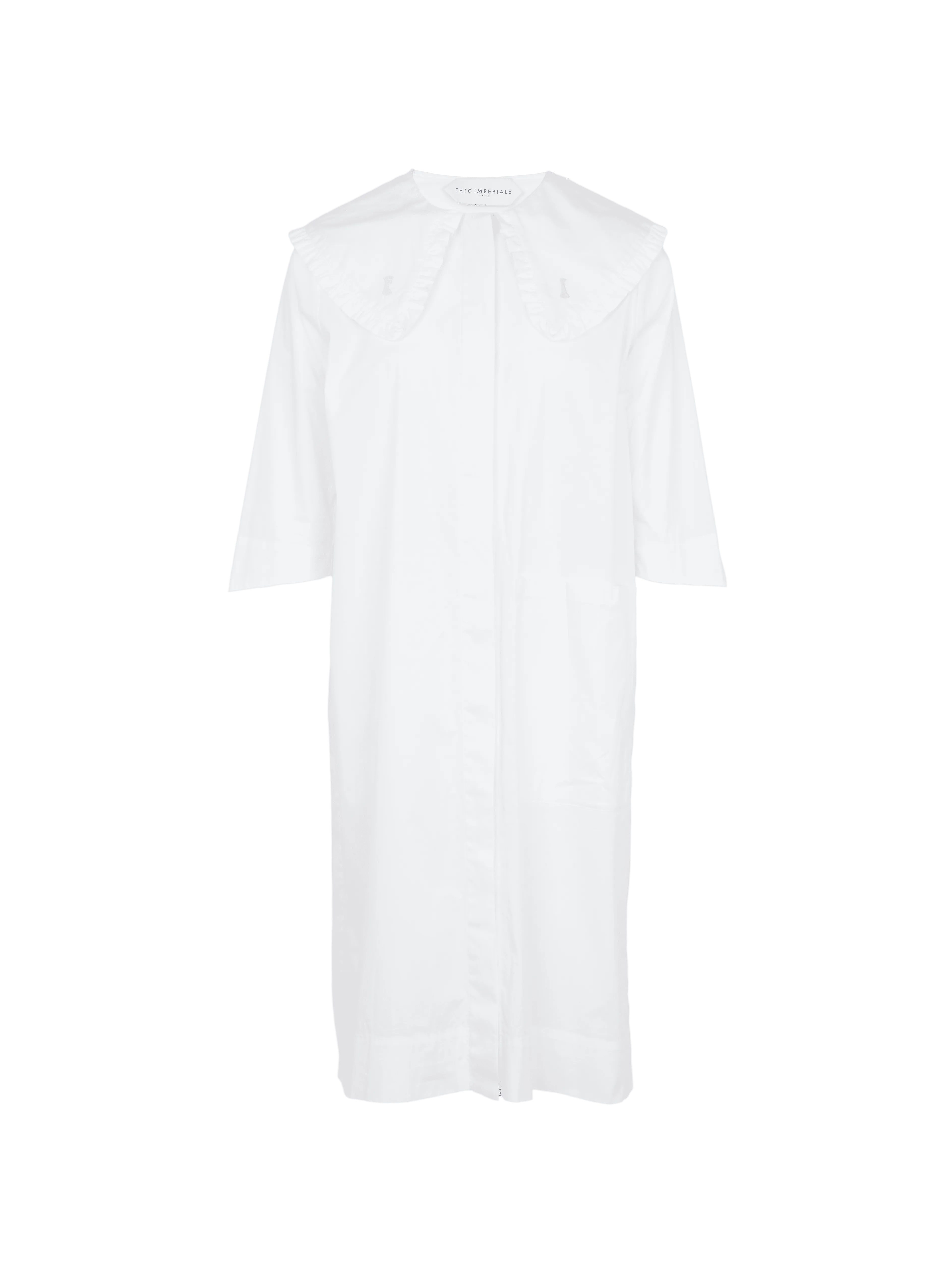 ANTONIA - Robe midi à col claudine oversized brodé en coton blanc