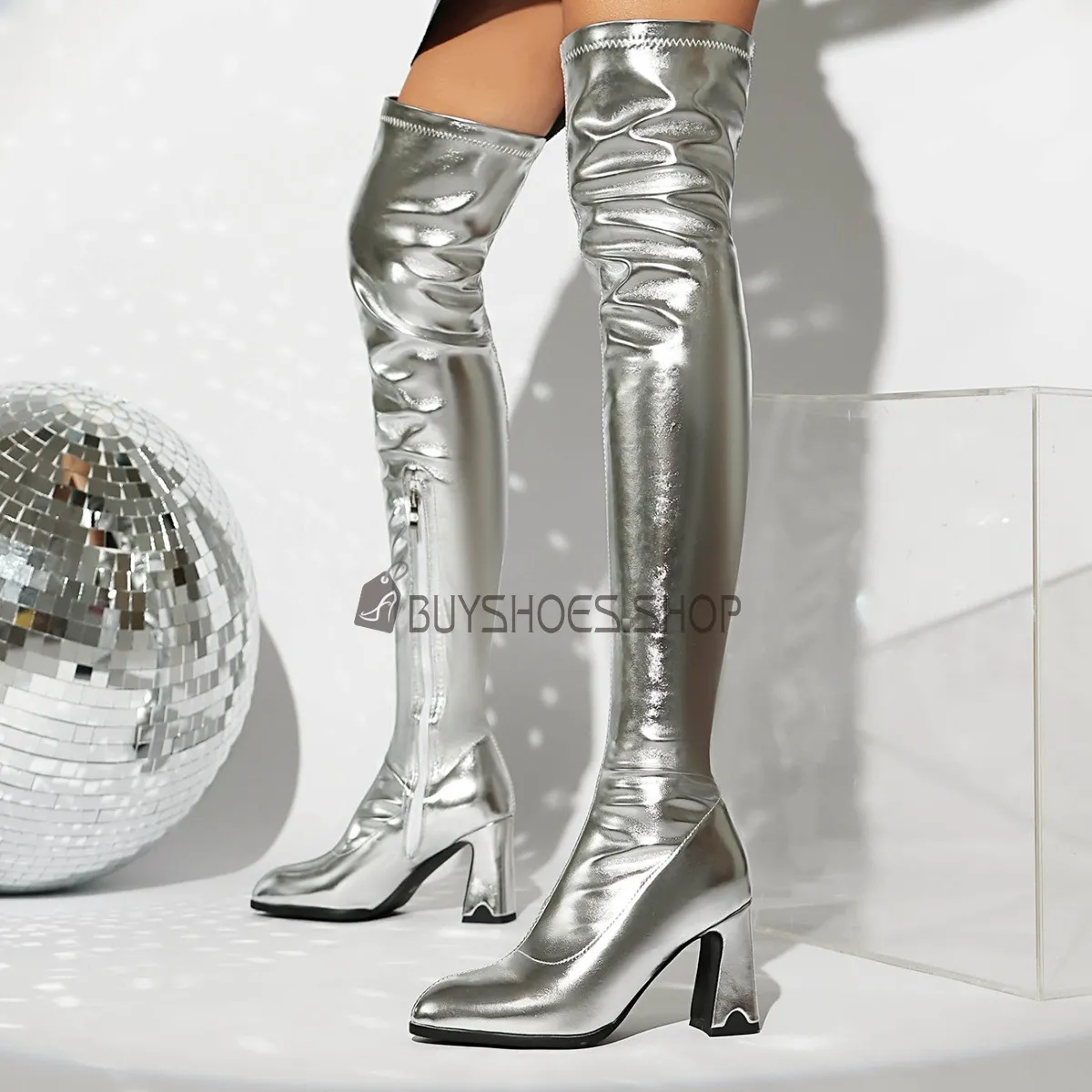 Botte Cuissarde Moderne Fermeture Éclair Talons Hauts Pole Dance Brillante Talons Carrés Bottes Haute