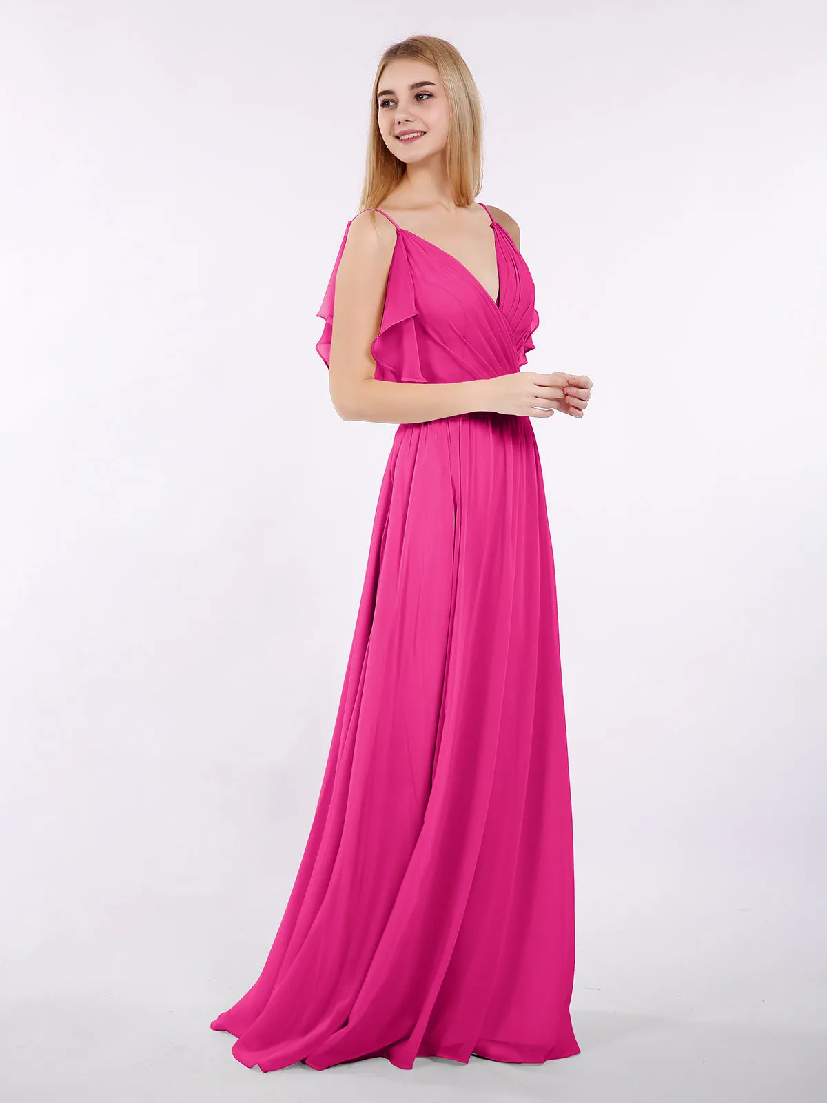 Bretelle Spaghetti Mousseline Robe avec Col en V Fuchsia