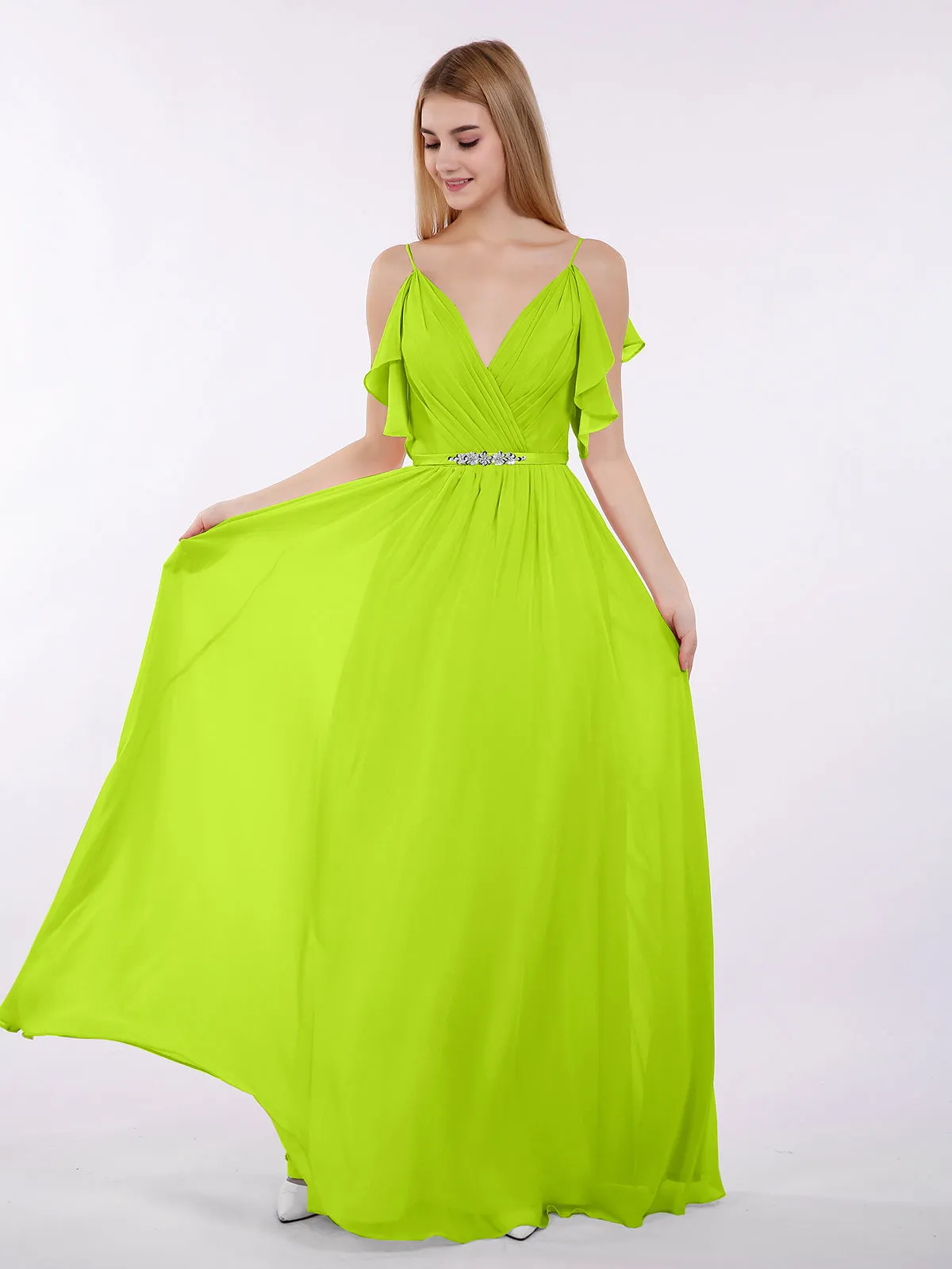 Bretelle Spaghetti Mousseline Robe avec Col en V Vert Citron Grande Taille