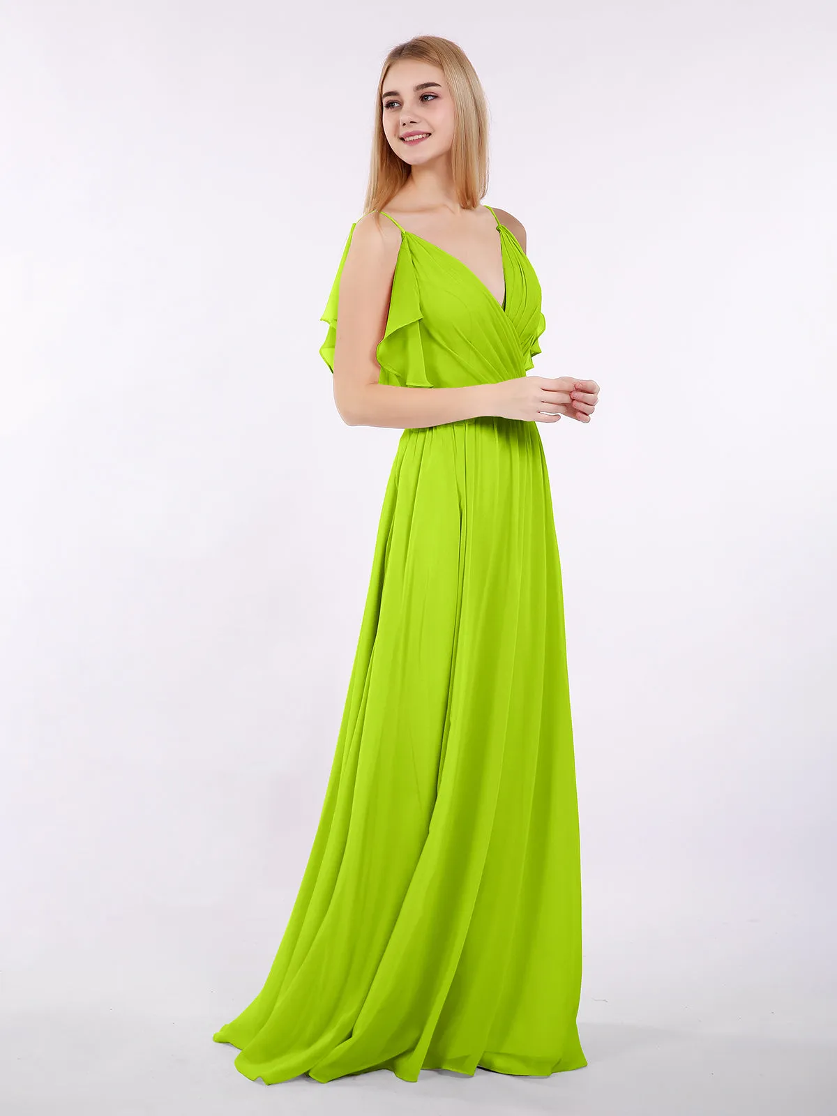 Bretelle Spaghetti Mousseline Robe avec Col en V Vert Citron Grande Taille