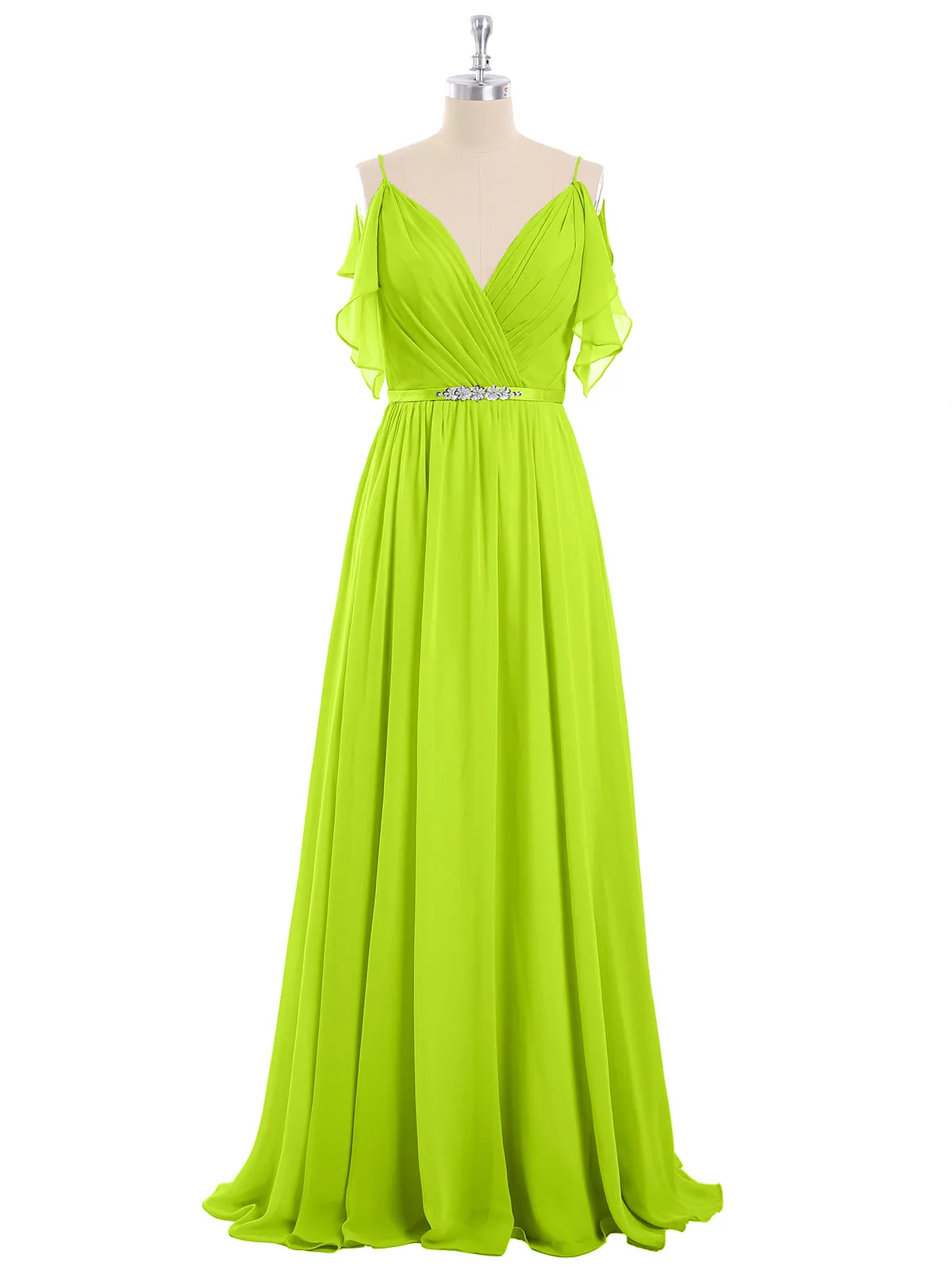 Bretelle Spaghetti Mousseline Robe avec Col en V Vert Citron Grande Taille