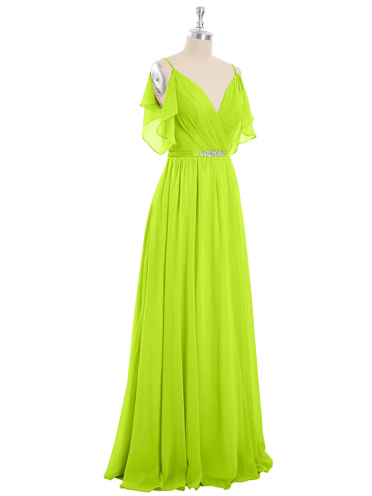 Bretelle Spaghetti Mousseline Robe avec Col en V Vert Citron Grande Taille