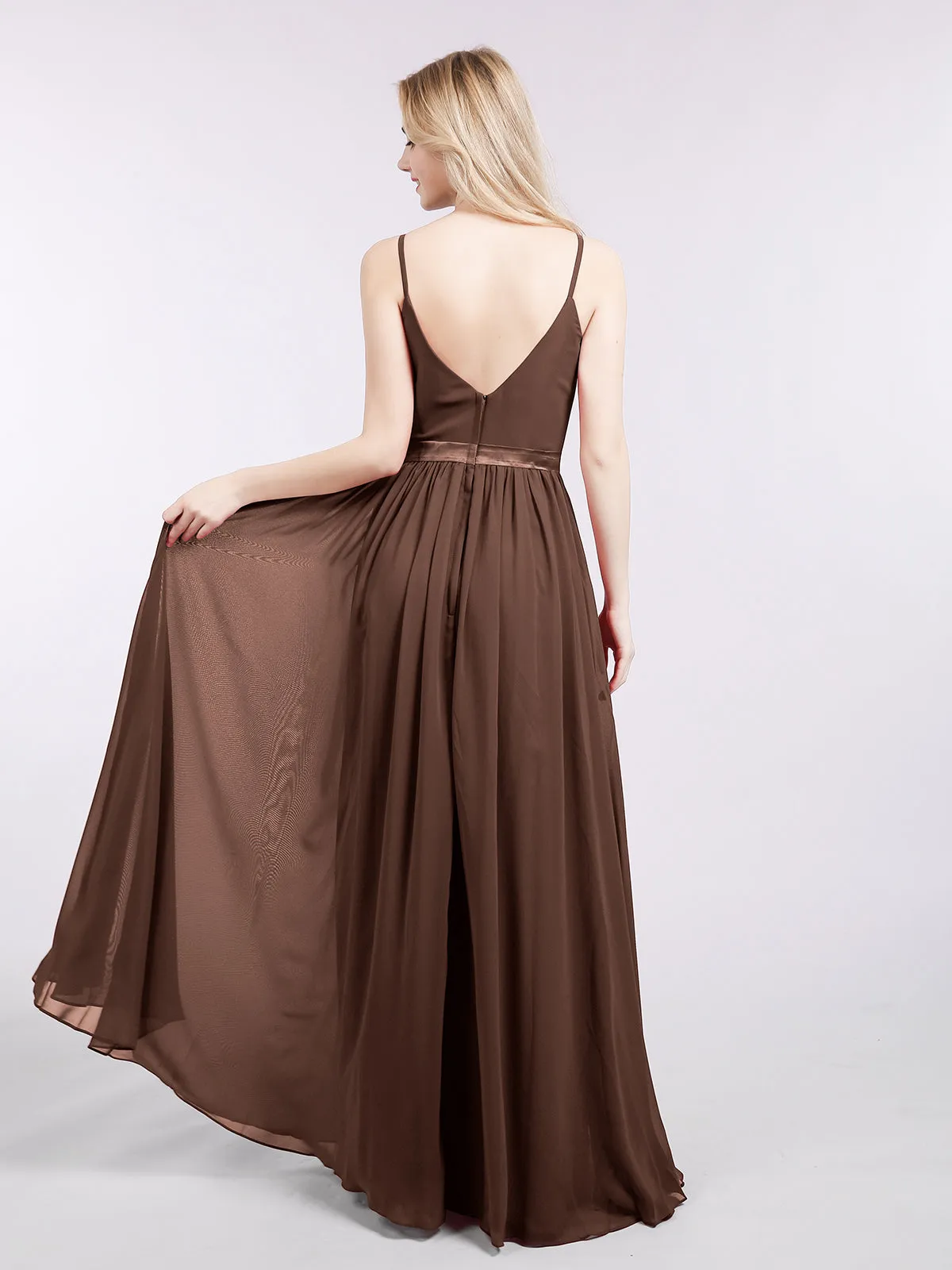 Bretelle Spaghetti Mousseline Robe de Demoiselle d'Honneur Chocolat Grande Taille