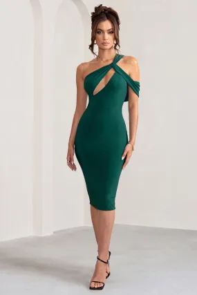 Ella | Robe mi-longue verte à encolure asymétrique et à découpes