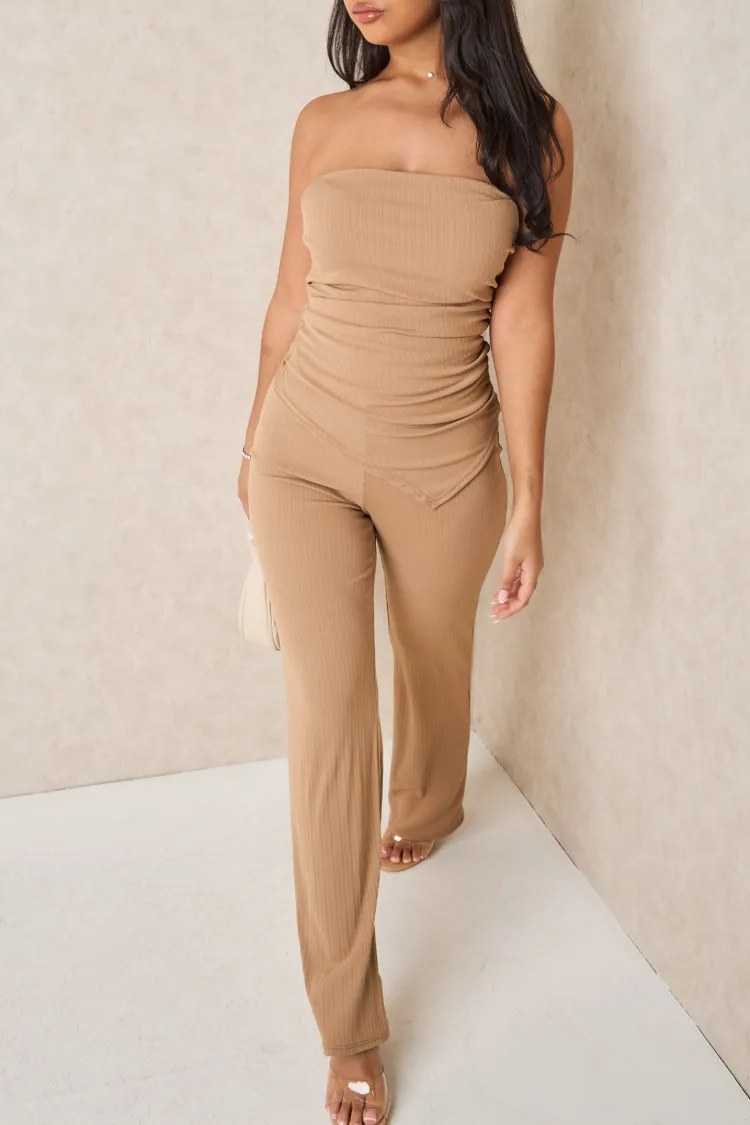 Ensemble 2 pièces top asymétrique + pantalon beige foncé