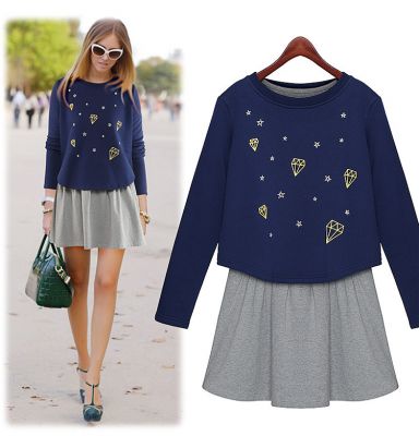 Ensemble Pull et Jupe avec Imprimé Etoiles et Diamants