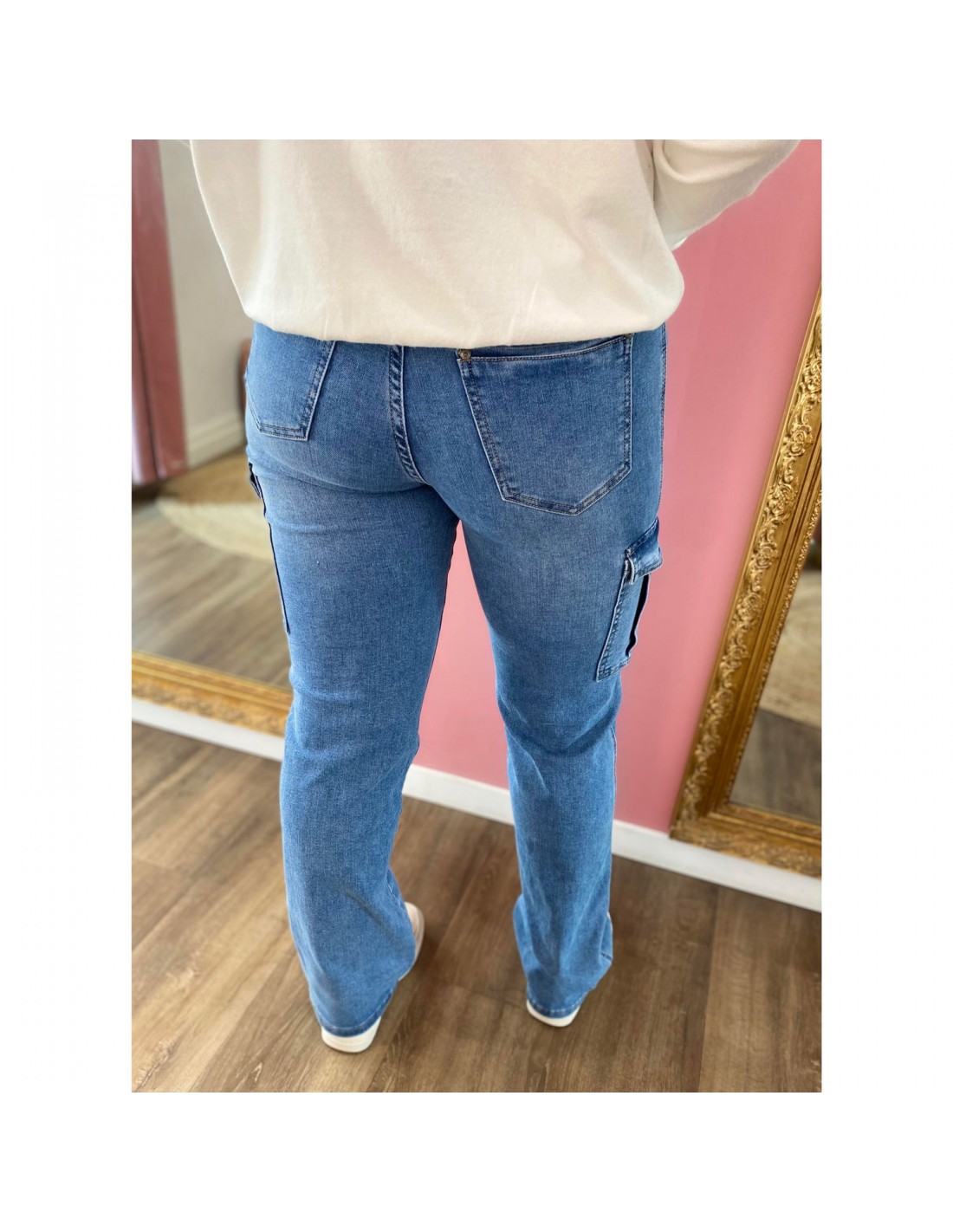 Jean cargo femme bleu clair taille haute stretch à poches coupe oversize jambes larges