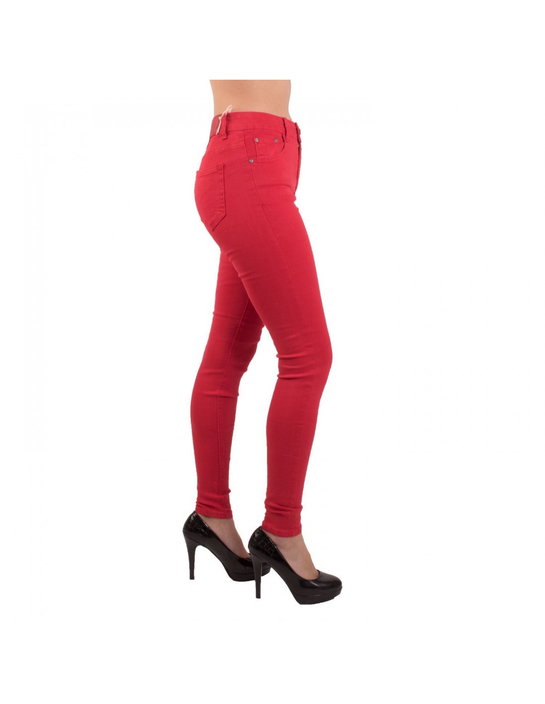 Jean femme rouge coupe skinny slim taille haute coupe stretch élasthanne