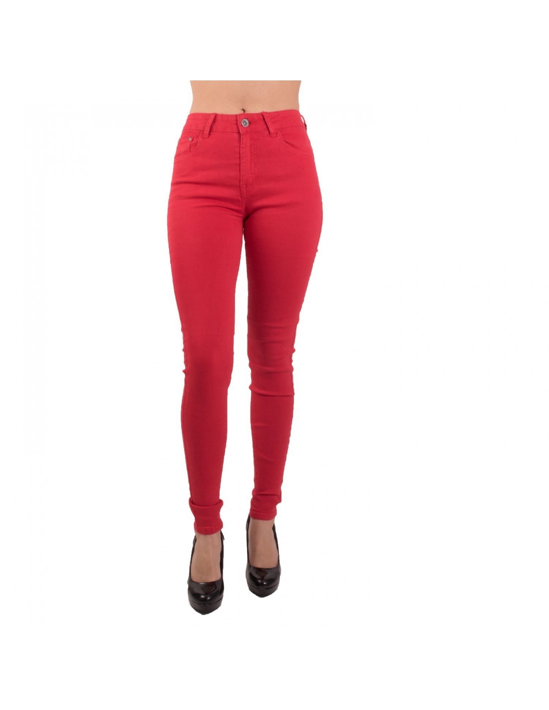 Jean femme rouge coupe skinny slim taille haute coupe stretch élasthanne