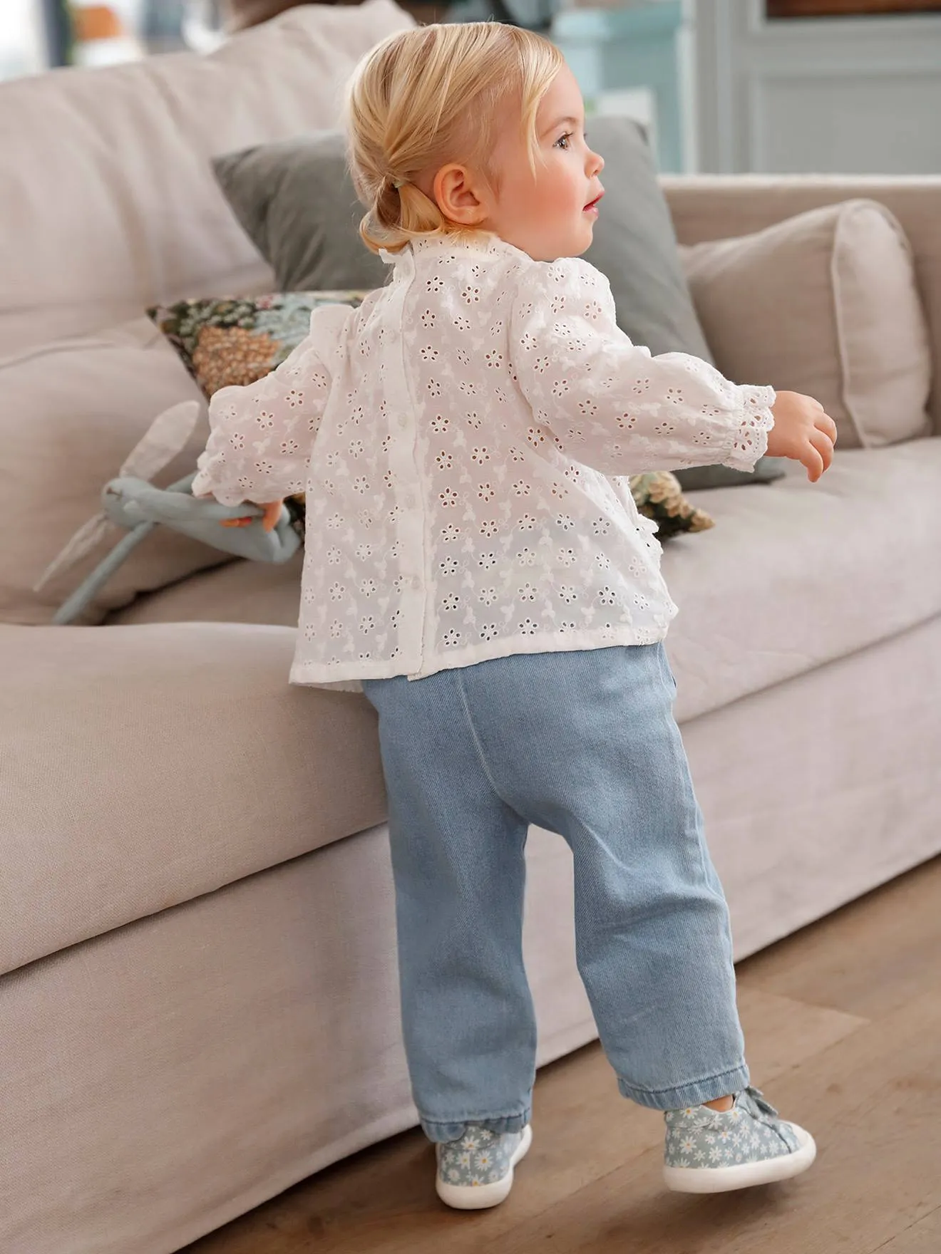 Jean large en denim bébé ceinture en tissu denim bleached - Vertbaudet