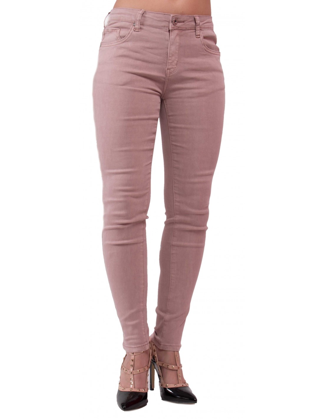 Jean skinny femme rose parme taille haute coupe stretch