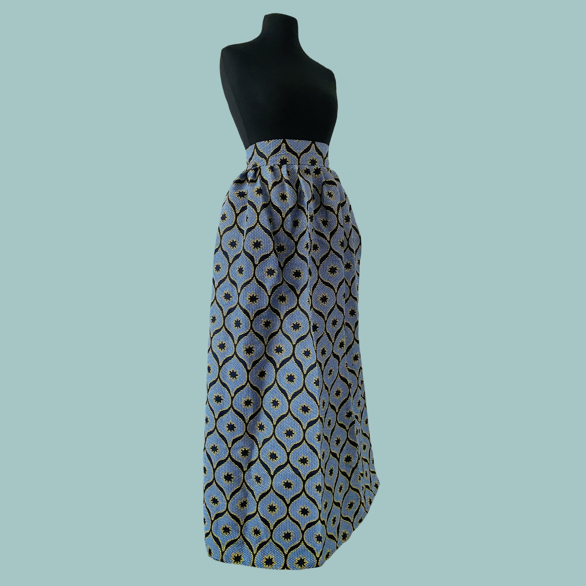 Jupe Longue en Wax Taille Haute - Jupe maxi Wax bleu