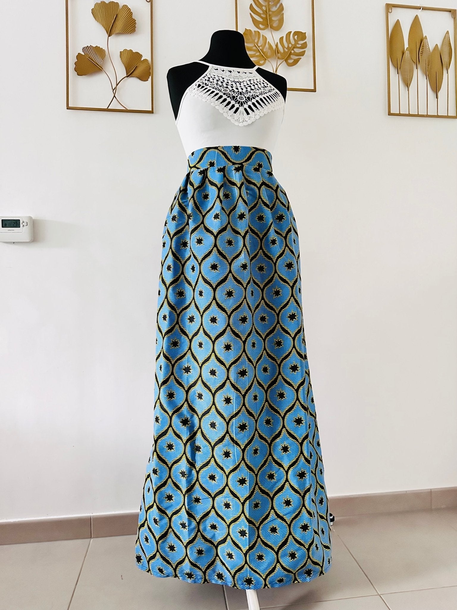 Jupe Longue en Wax Taille Haute - Jupe maxi Wax bleu