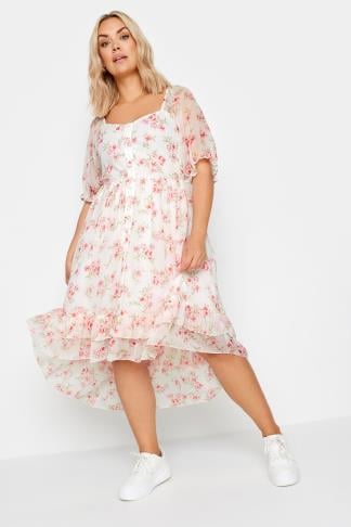 LIMITED COLLECTION - Robe Blanche Midi Floral Rose Ourlet Plongeant