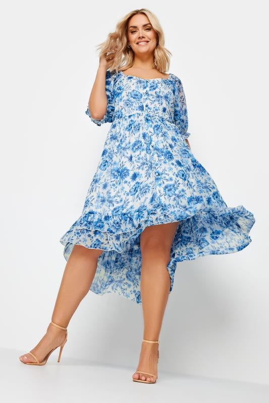 LIMITED COLLECTION - Robe Bleue Ciel Midi Floral Ourlet Plongeant