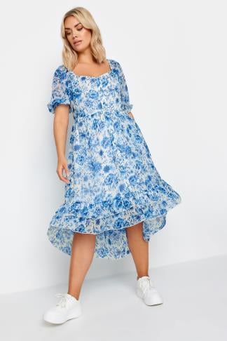 LIMITED COLLECTION - Robe Bleue Ciel Midi Floral Ourlet Plongeant