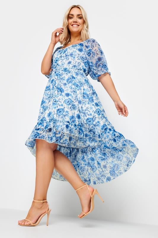 LIMITED COLLECTION - Robe Bleue Ciel Midi Floral Ourlet Plongeant