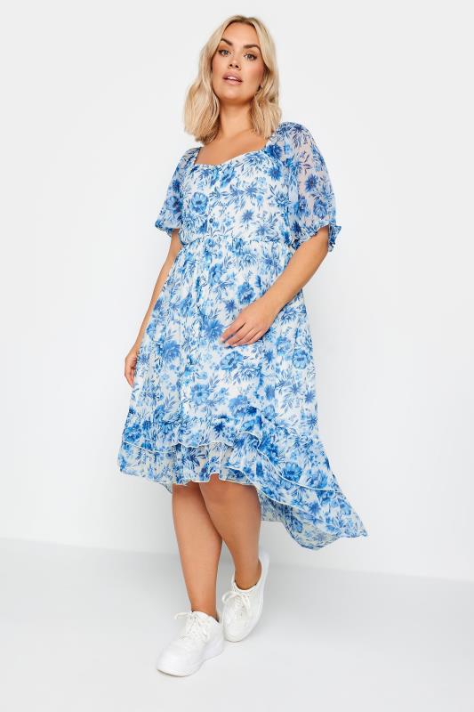 LIMITED COLLECTION - Robe Bleue Ciel Midi Floral Ourlet Plongeant