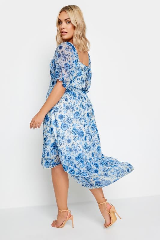 LIMITED COLLECTION - Robe Bleue Ciel Midi Floral Ourlet Plongeant