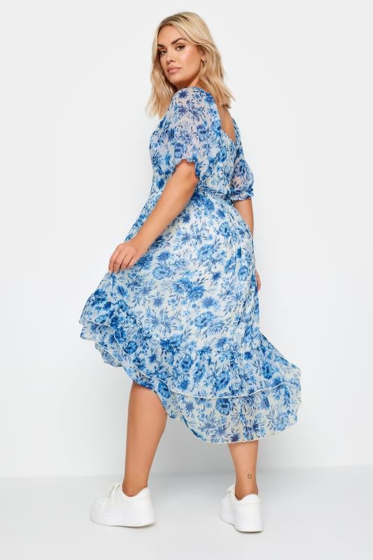 LIMITED COLLECTION - Robe Bleue Ciel Midi Floral Ourlet Plongeant