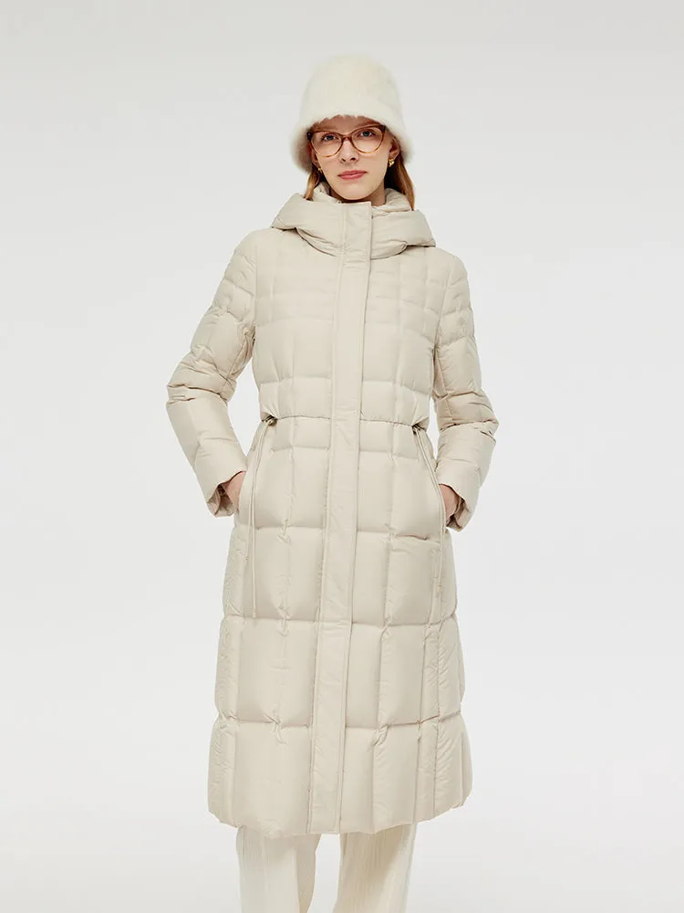 Manteau long en duvet d'oie à capuche avec cordon de serrage