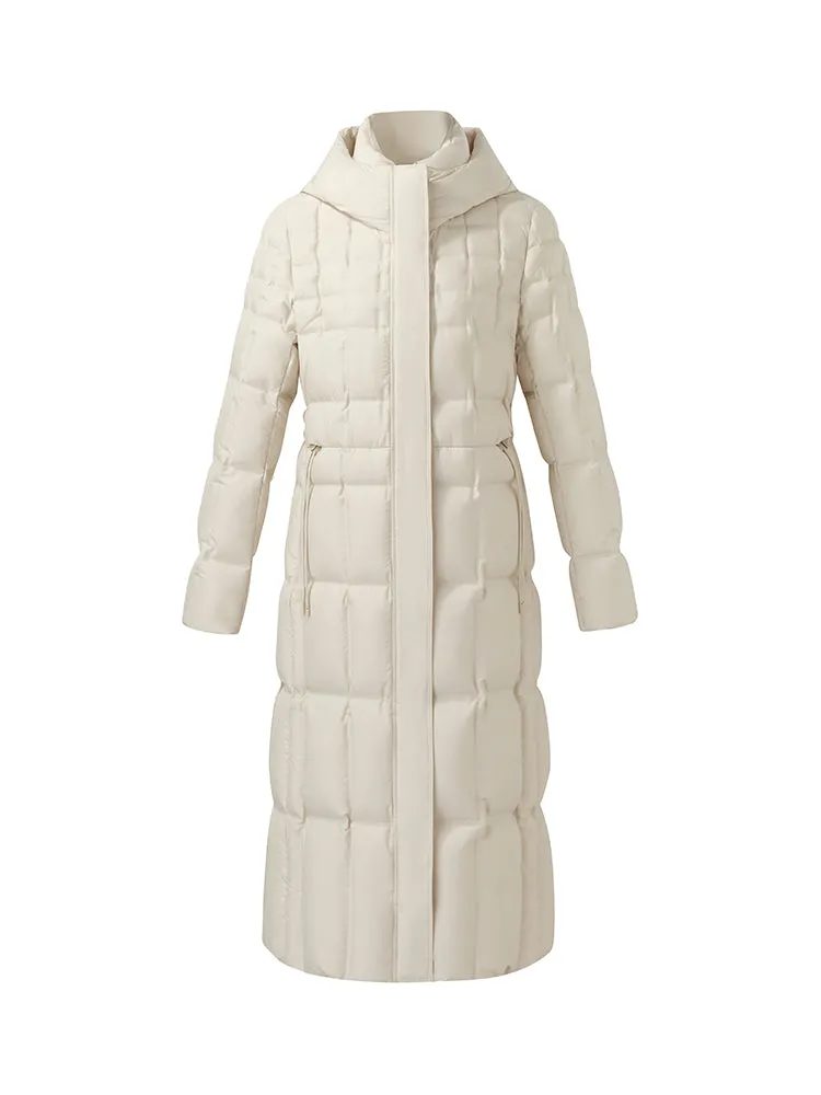 Manteau long en duvet d'oie à capuche avec cordon de serrage