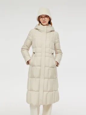 Manteau long en duvet d'oie à capuche avec cordon de serrage