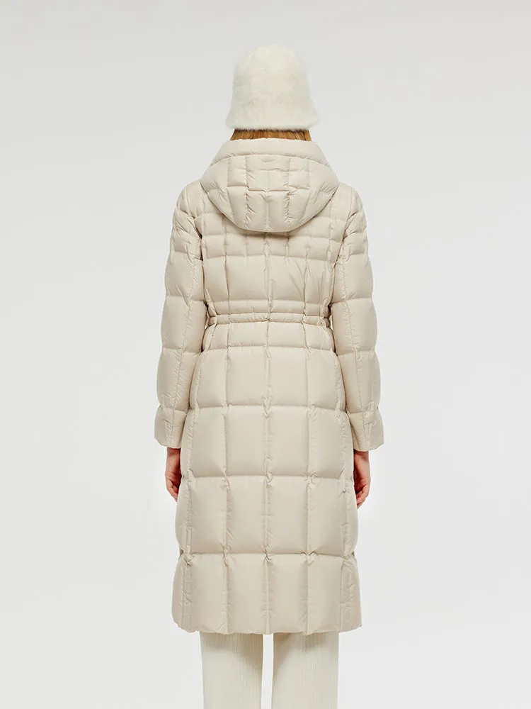 Manteau long en duvet d'oie à capuche avec cordon de serrage