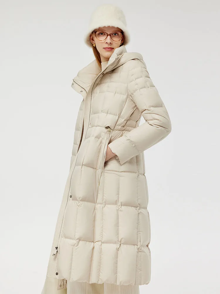 Manteau long en duvet d'oie à capuche avec cordon de serrage