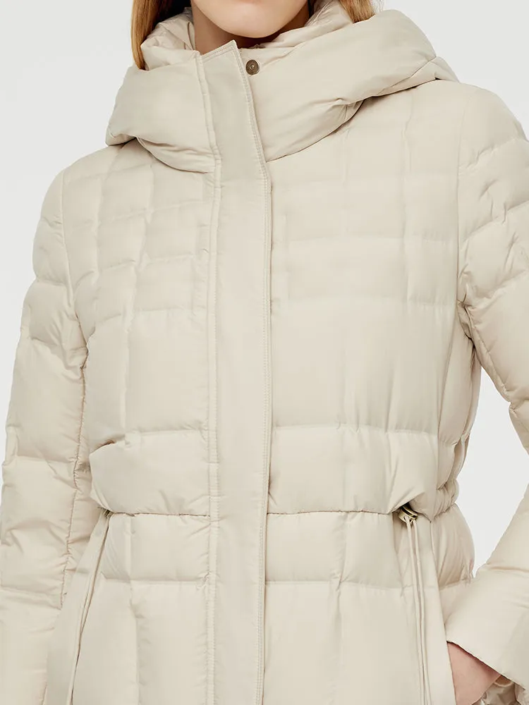 Manteau long en duvet d'oie à capuche avec cordon de serrage