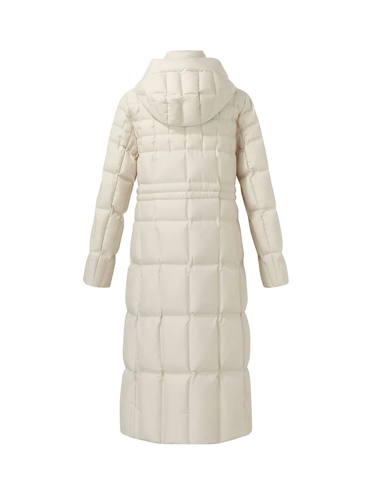 Manteau long en duvet d'oie à capuche avec cordon de serrage