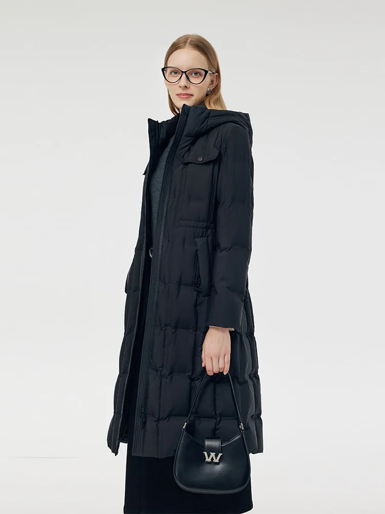 Manteau long à capuche en duvet d'oie